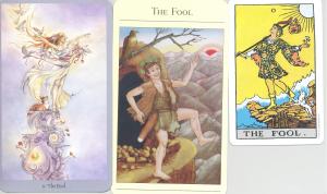 The different renditions of the Fool tarot card.